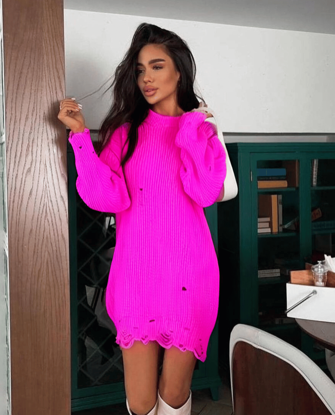 Pulover Rochie din Tricot Verde Neon