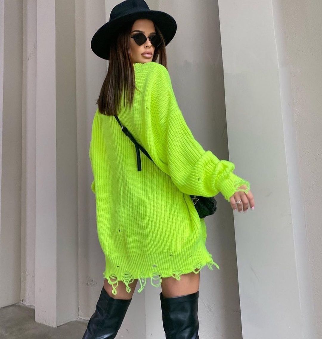 Pulover Rochie din Tricot Verde Neon